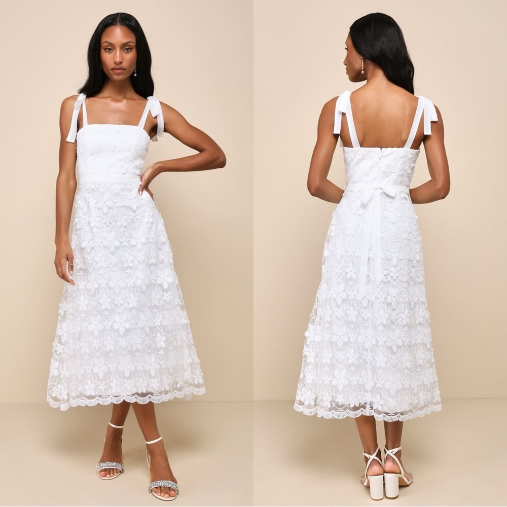 Lulu's White Lace Midi Dress with Tie Straps